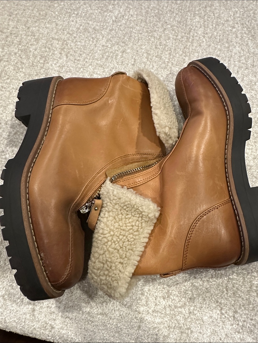 Sam Edelman Tan Leather Shearling-Trim Lug Sole Ankle Boots
